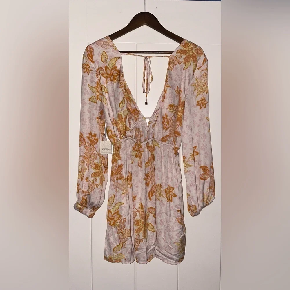 Free People Soli Mini Dress Long Sleeve Women XS Floral Boho Hippie 70'S